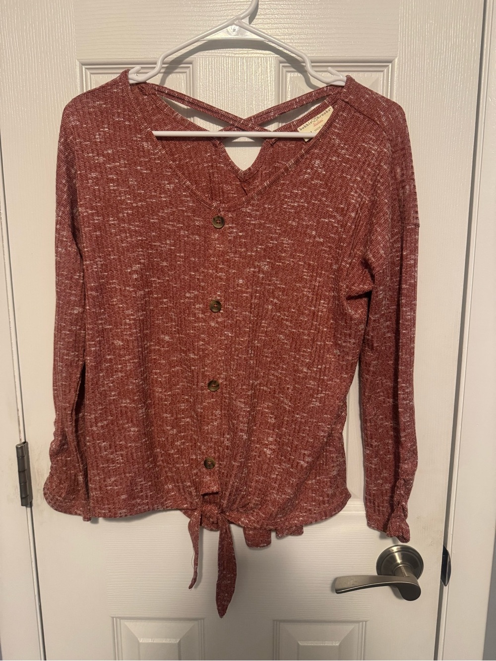Bobbie Brooks Rust Knit Button-Front Tie-Hem Top
